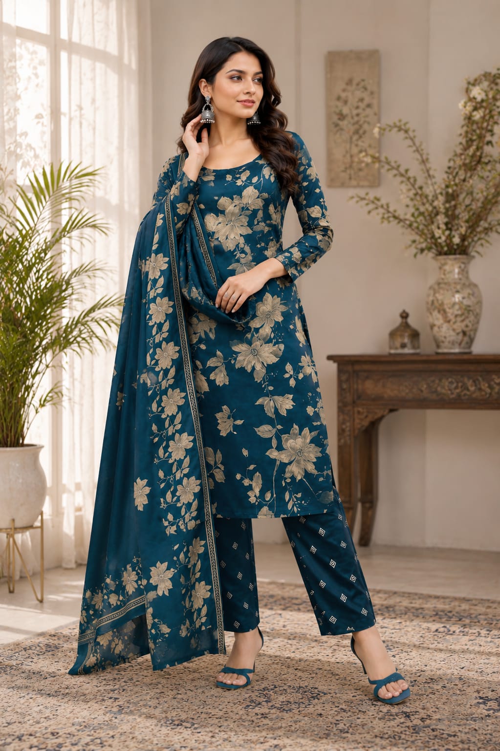 Women's Teal Blue Floral Printed Kurta Pant Dupatta Set