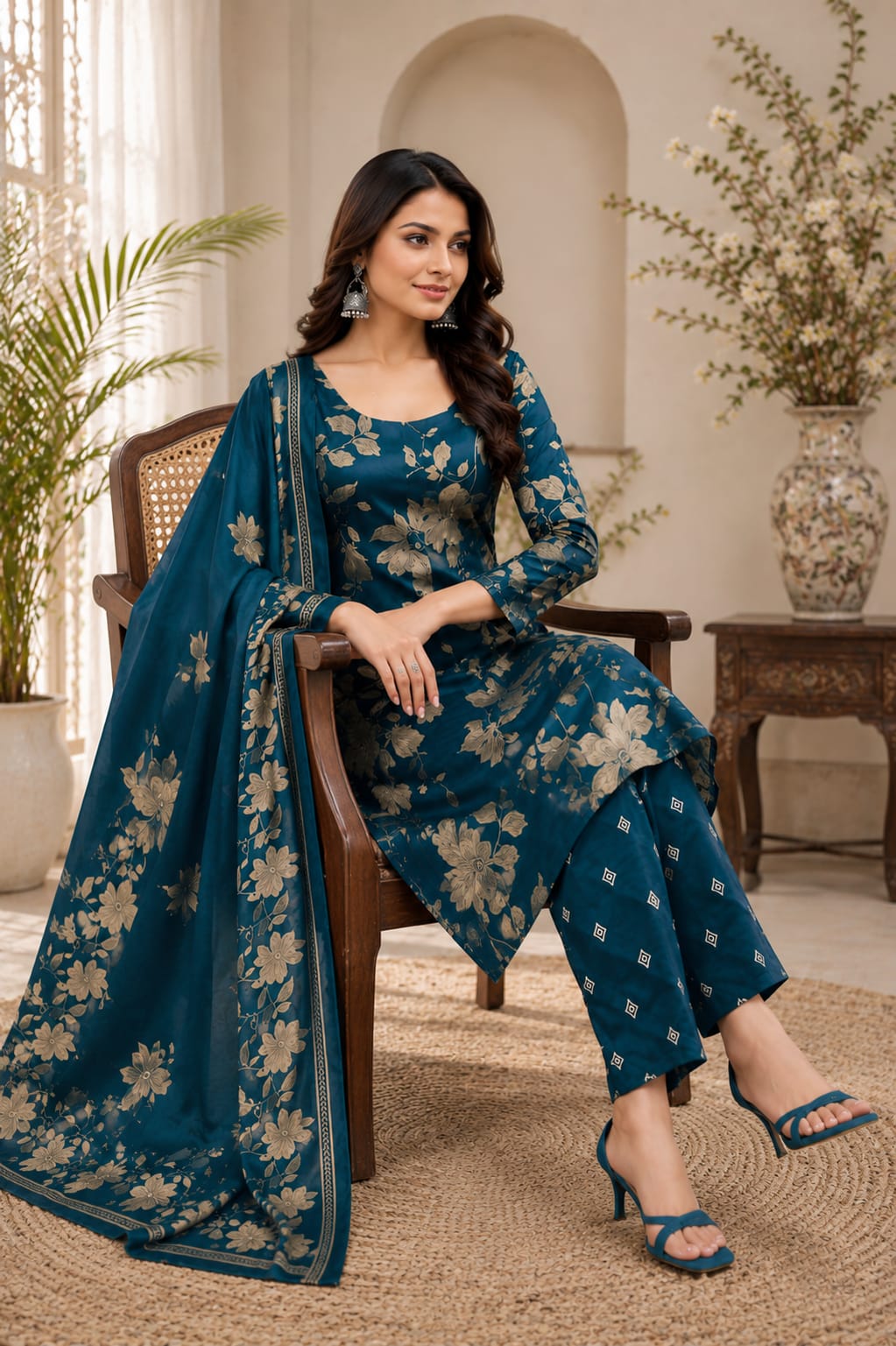 Women's Teal Blue Floral Printed Kurta Pant Dupatta Set