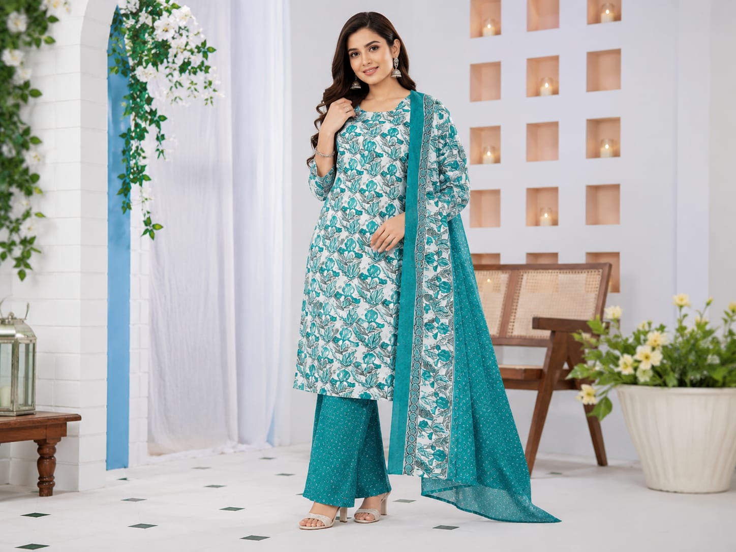Women's Teal Floral Printed Cotton Blend Kurta Palazzo Set with Dupatta