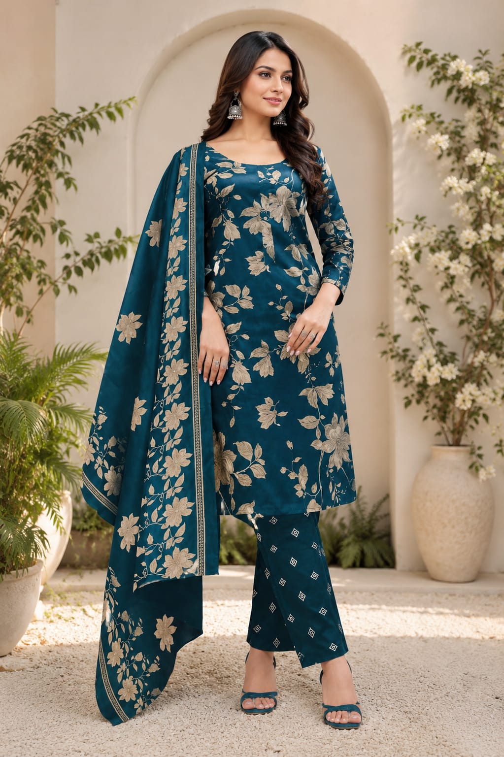 Women's Teal Blue Floral Printed Kurta Pant Dupatta Set