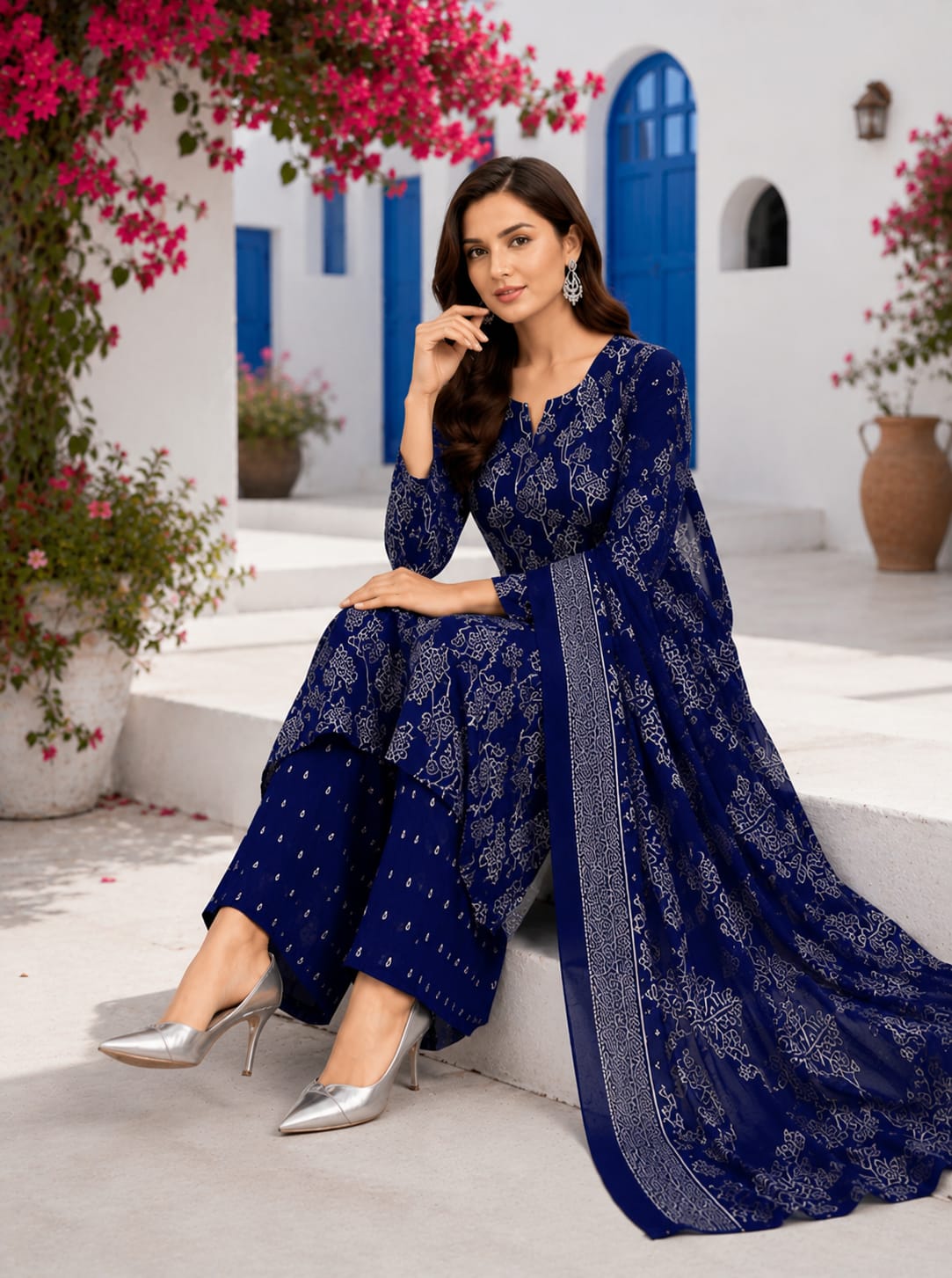 Women's Blue Printed Kurta Pant Set with Dupatta